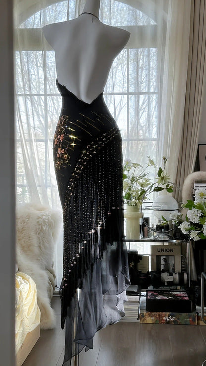 Black Vintage Fashion Delicate Floral Tassel Beaded Long Chiffon Ball Gown Birthday Party Dress Evening Gown Prom Dress gh3972