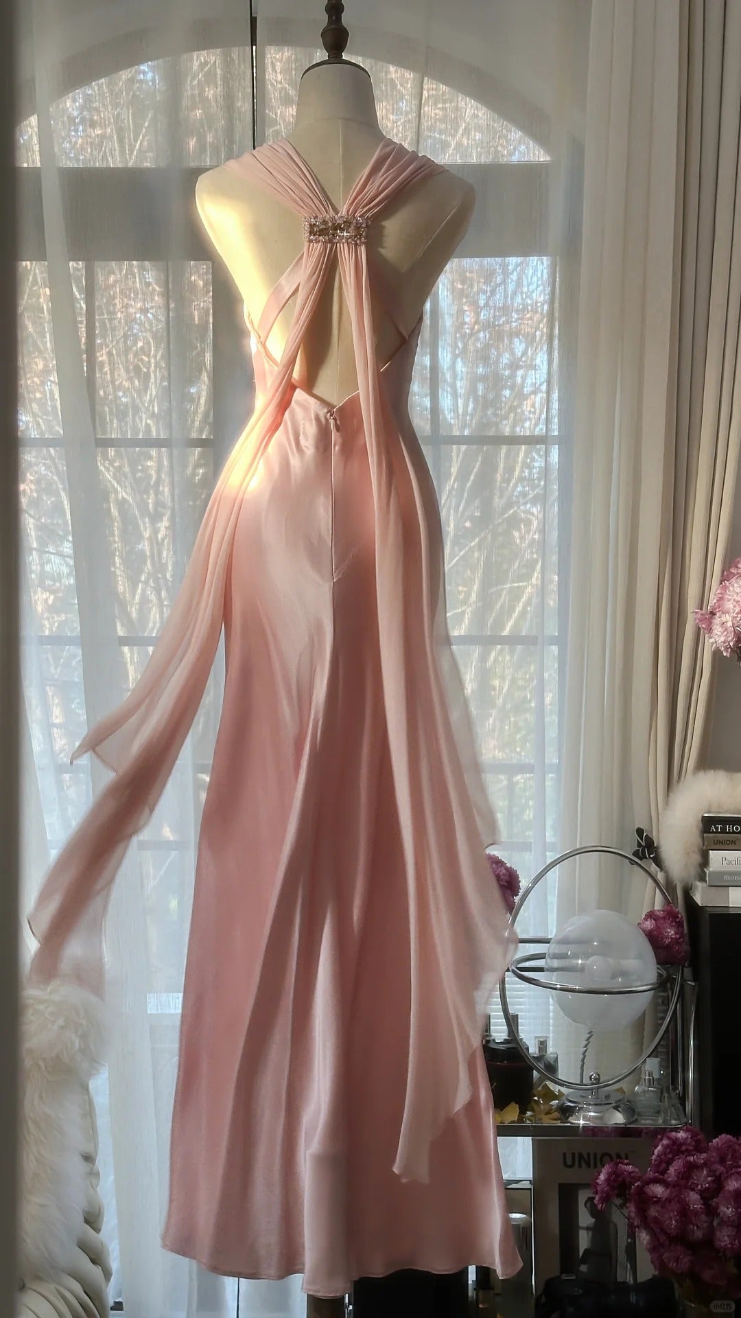 Pink Elegant Exquisite Rhinestone Long Satin Chiffon Ball Gown Evening Dress Party Dress Birthday Dress Date Dress gh4163