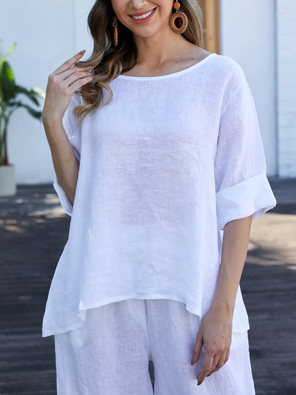 Round Neck Casual Cotton and Linen Women's Suit