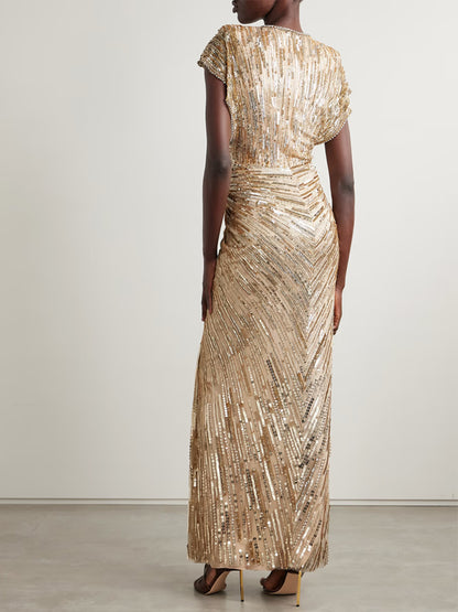 V-neck Sequin Solid Color Maxi Dress