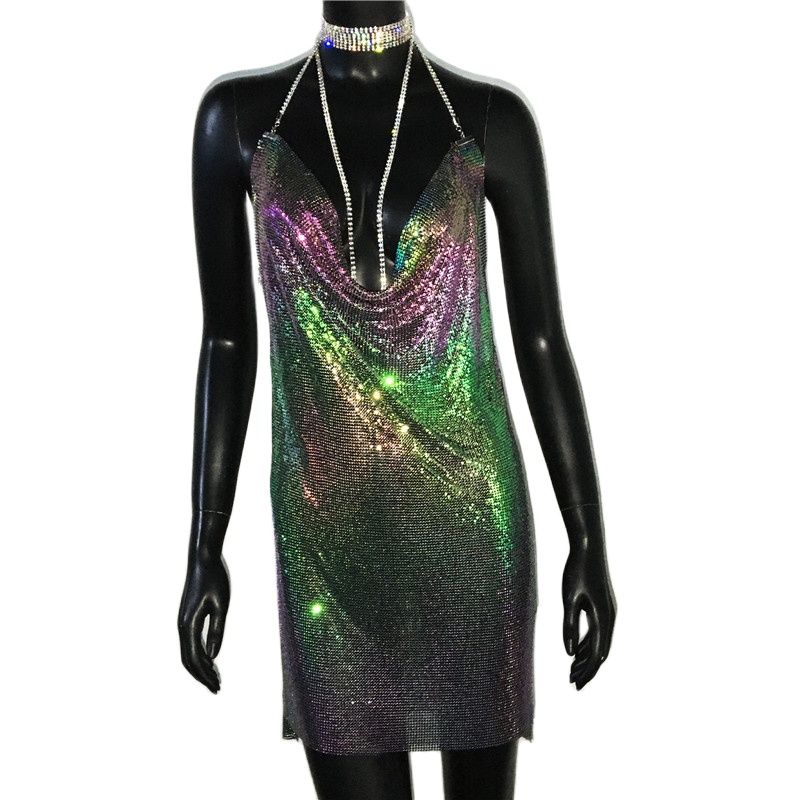 loveedsTM-Sexy Gold Sequined Patchwork Mini Dress Women Sleeveless Low Cut Metal Chains Halter Slim Charming Nightclub Party Dresses