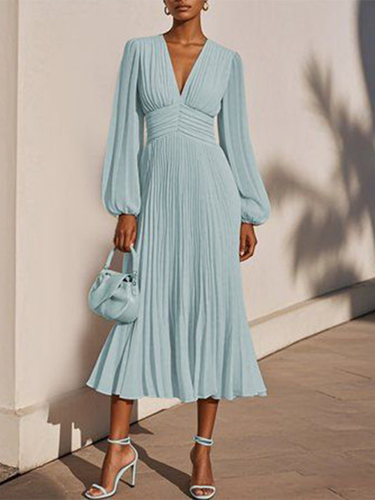 Light Blue V-neck Long Sleeves Midi Dress