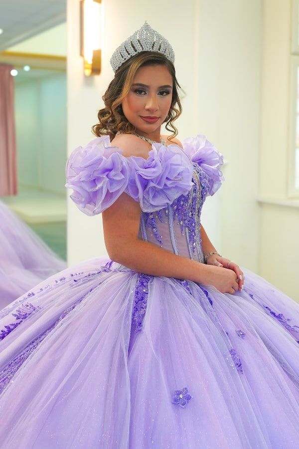 Charming Ball Gown Off-The-Shoulder Appliques Purple Tulle Sweet 16 Dress, Quinceanera Dress SH2638