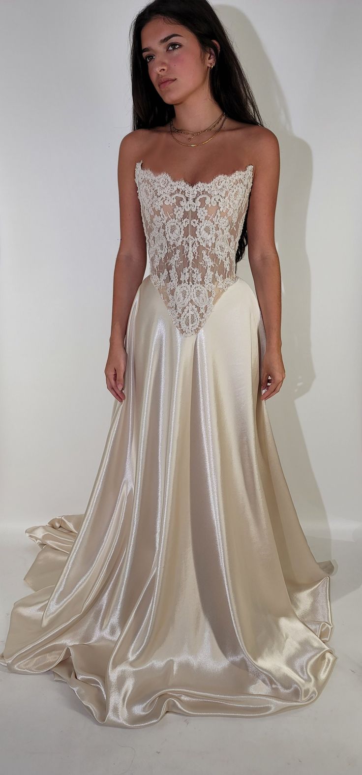 Elegant A Line Strapless Lace Satin Long Prom Dress Evening Dress SH2554