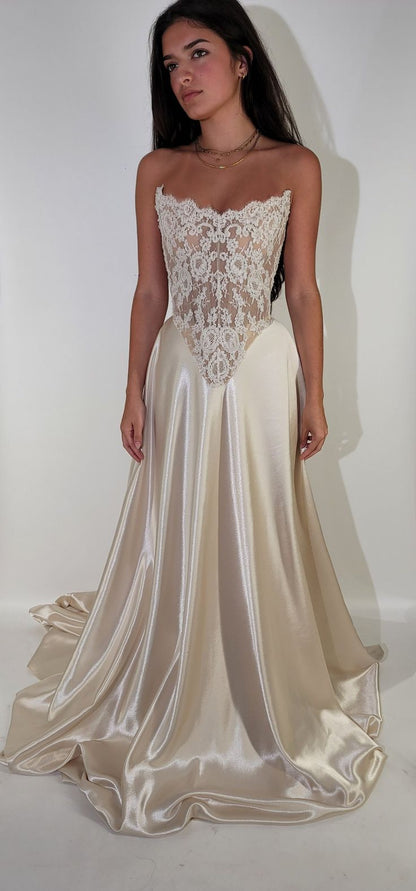 Elegant A Line Strapless Lace Satin Long Prom Dress Evening Dress SH2554