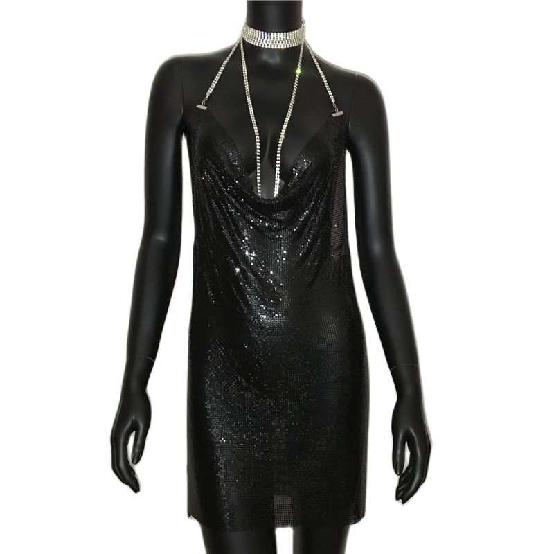 loveedsTM-Sexy Gold Sequined Patchwork Mini Dress Women Sleeveless Low Cut Metal Chains Halter Slim Charming Nightclub Party Dresses