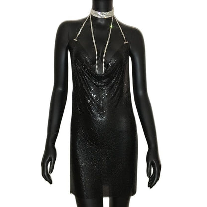 loveedsTM-Sexy Gold Sequined Patchwork Mini Dress Women Sleeveless Low Cut Metal Chains Halter Slim Charming Nightclub Party Dresses