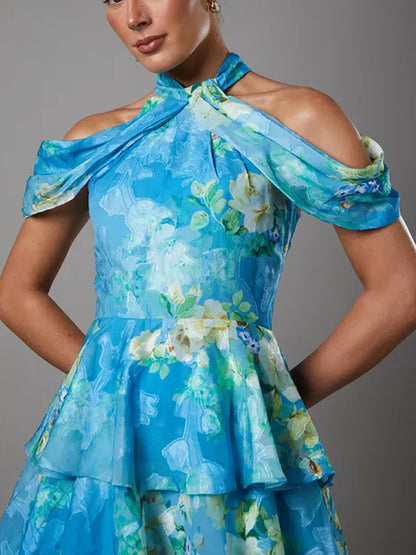 Cold Shoulder Printed Chiffon Midaxi Halter Dress