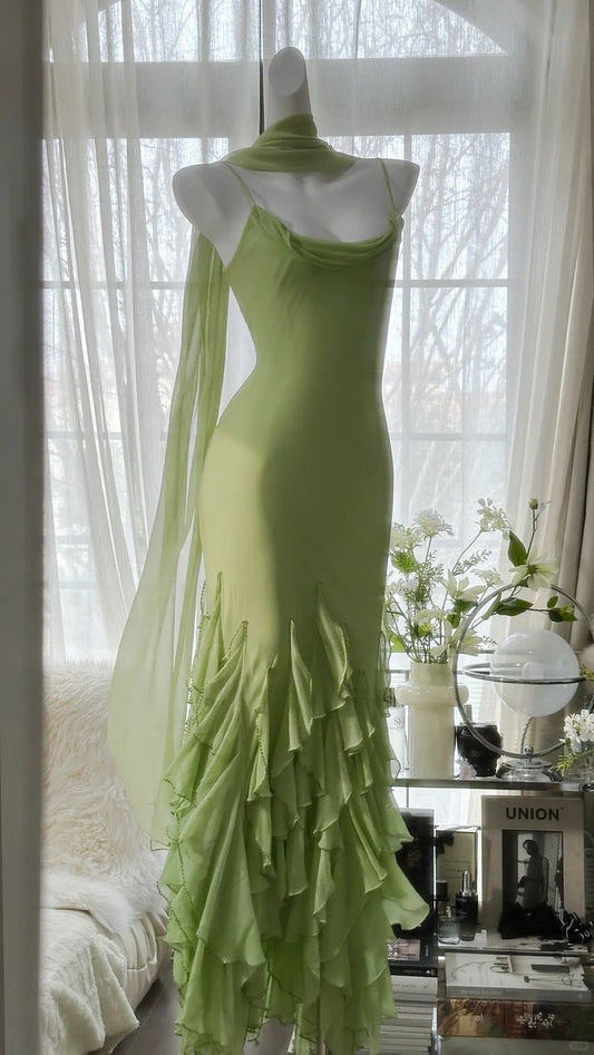 Green Mermaid Spaghetti Strap Ruffle Beaded Chiffon Long Prom Dress Evening Dress SH2667