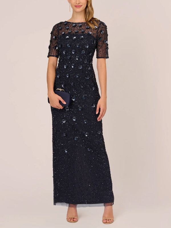 Round Neck Sequined Mesh Solid Color Maxi Dress