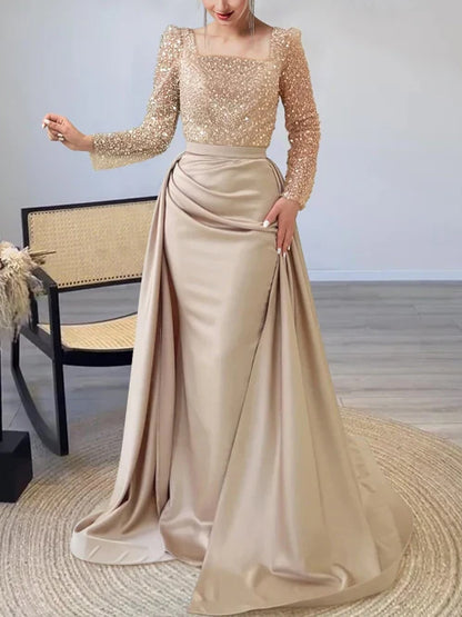 Square Collar Sequin Solid Color Maxi Dress