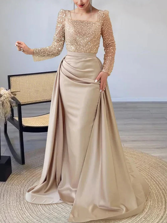 Square Collar Sequin Solid Color Maxi Dress
