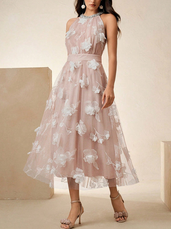 3D Floral Mesh Rhinestone Decorated Waist Sleeveless Floral Dress