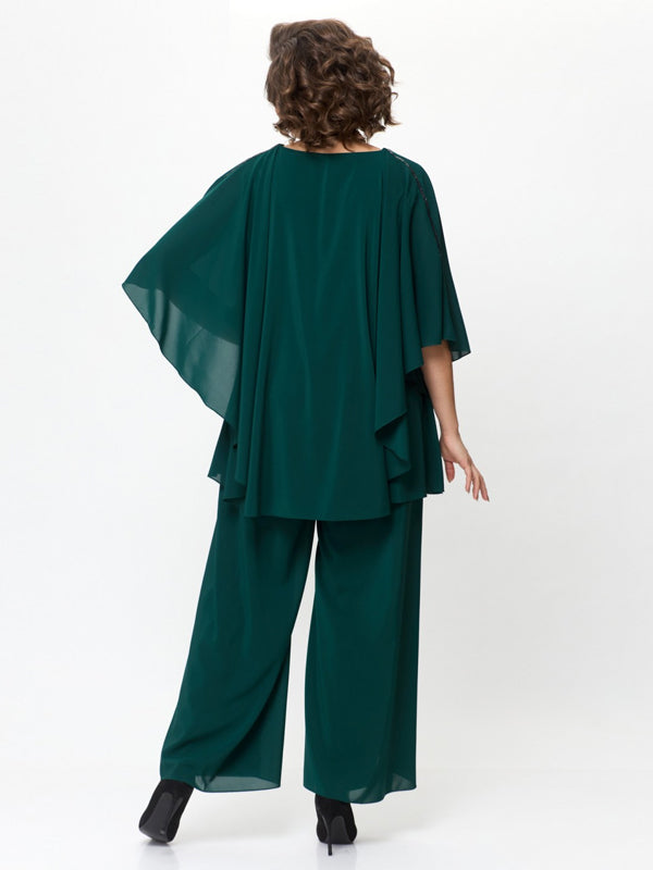 Round Neck Solid Color Chiffon Top And Trousers Suit