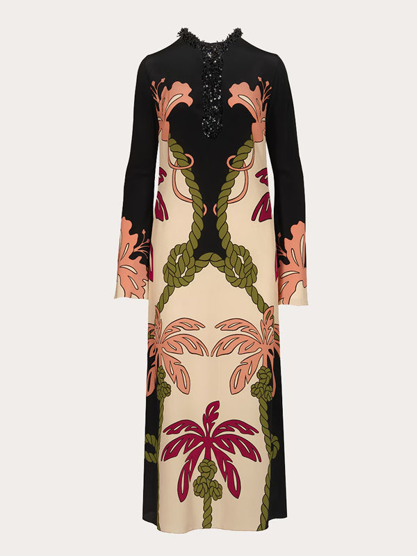 Beaded Elegant Plant Print Silk Women's Dress