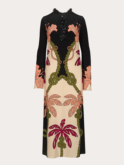 Beaded Elegant Plant Print Silk Women's Dress