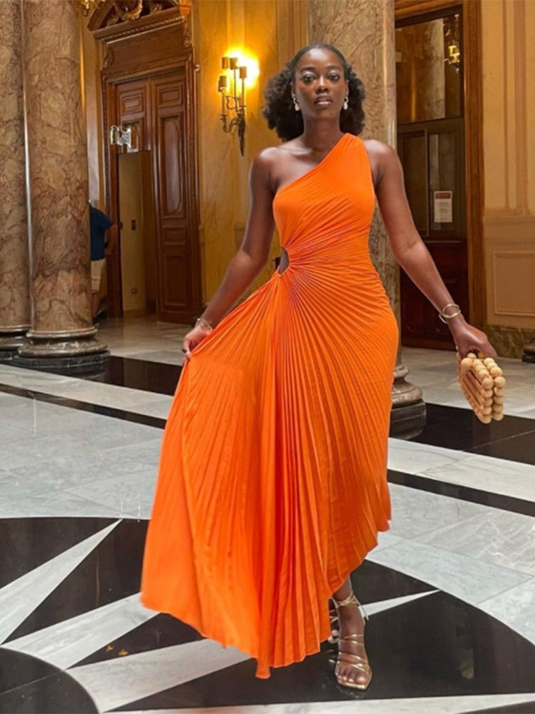 loveedsTM-Lady Roll Waist Sleeveless Pleated Ruched A-line Dress Women One Shoulder Sexy Prom Evening Dresses New Fahion Chothing
