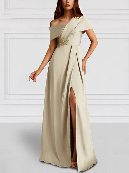One Shoulder Pocket Satin Shawl Gown