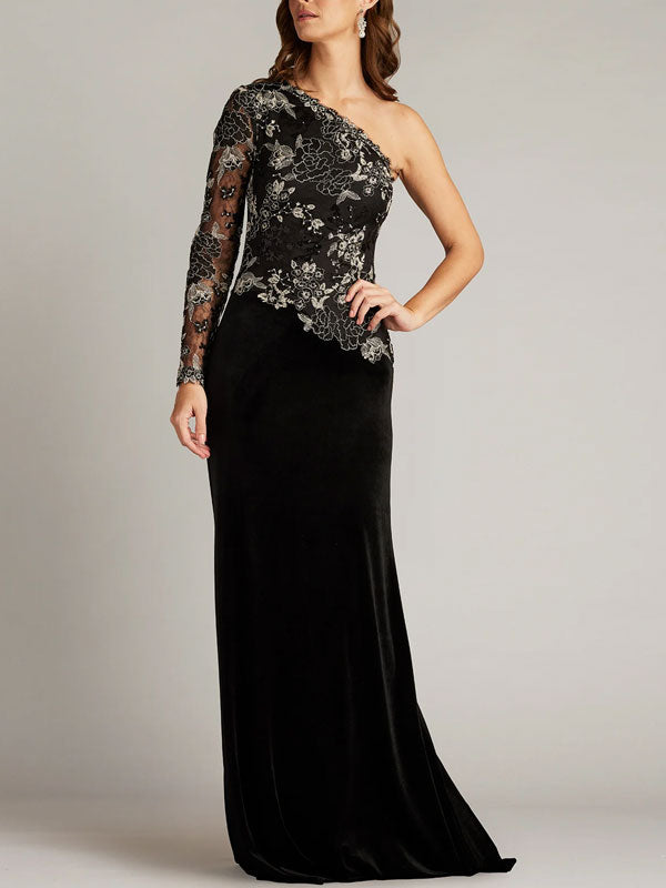 Embroidered Tulle One-sleeve Gown
