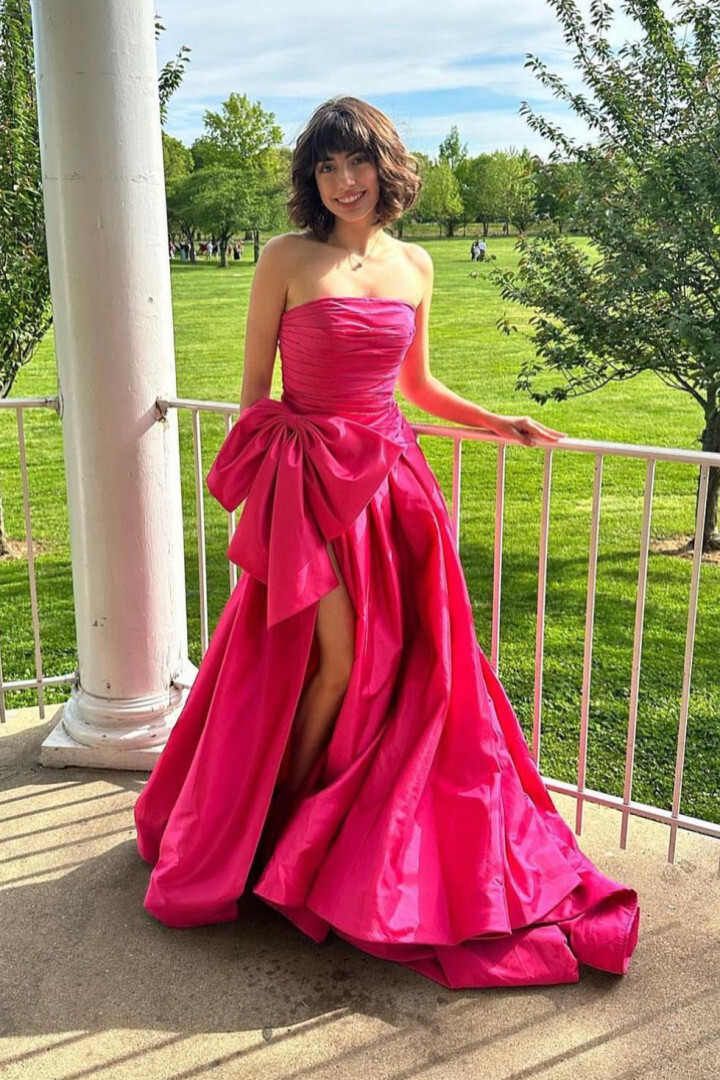 Strapless A-Line Satin Long Evening Prom Dresses With Bowknot