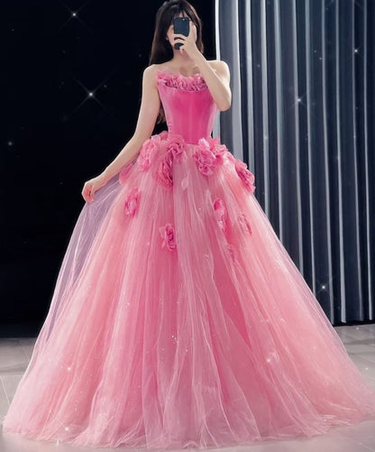 Pink Floral Long Velvet Tulle Quinceanera Gowns Ball Gown Evening Dress gh4885