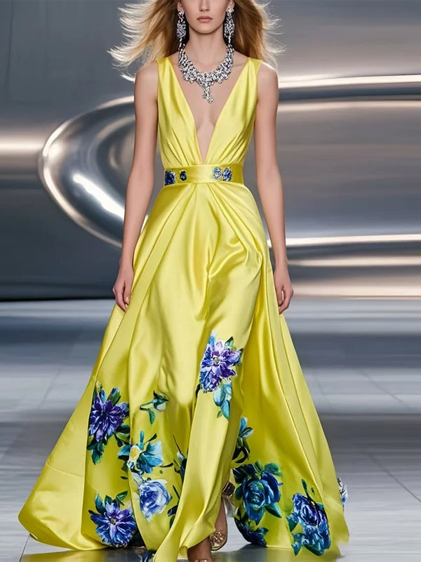 Yellow V-neck Sleeveless Silk Print Maxi Dress