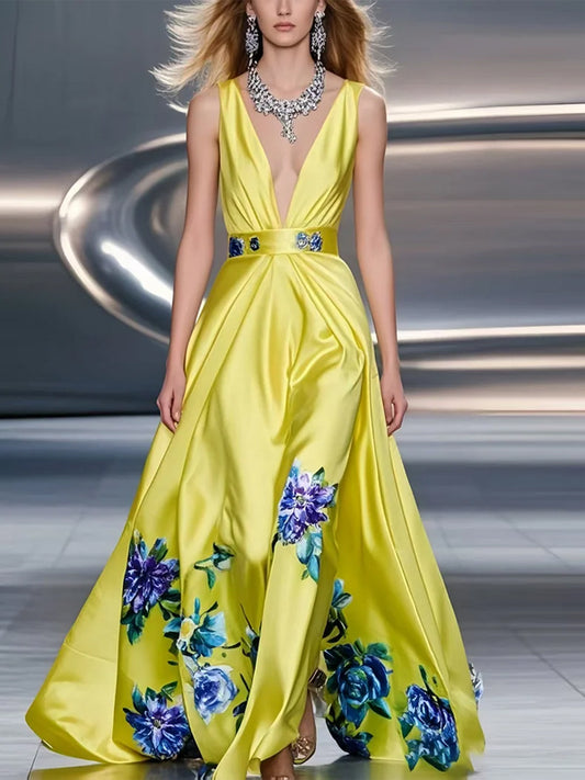 Yellow V-neck Sleeveless Silk Print Maxi Dress