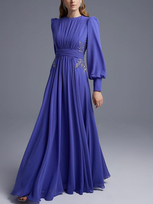 Round Neck Solid Color Long Sleeve Chiffon Maxi Dress