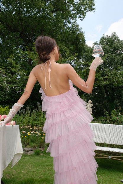 Pink Sweet Backless Long Tulle Ball Gown Evening Dress Party Dress gh3297