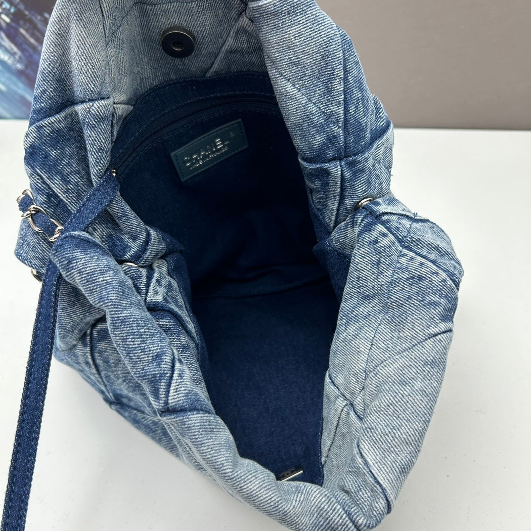 Chanel Large 22 Bag Faded Blue Denim Silver Hardware