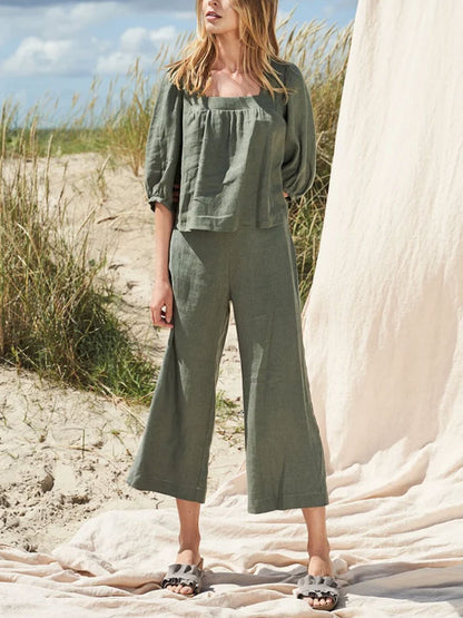 Square Neck Casual Cotton Linen Women's Suits