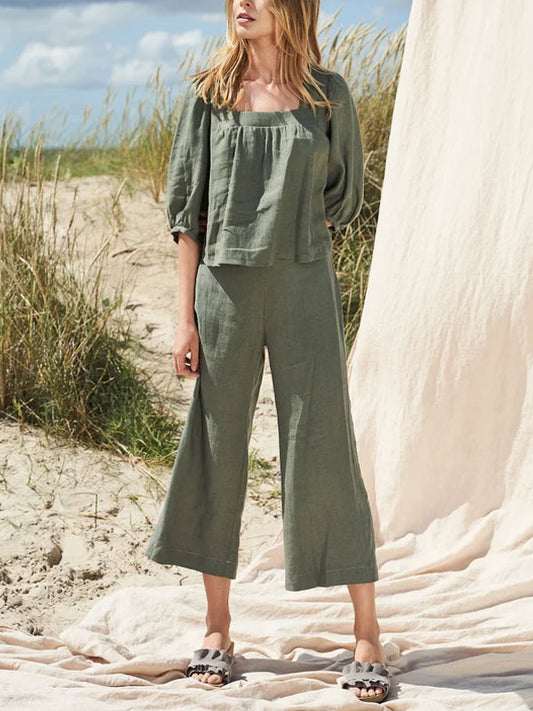 Square Neck Casual Cotton Linen Women's Suits