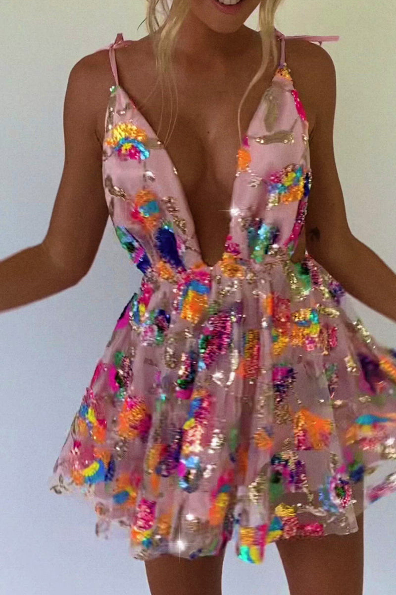 loveedsTM- Rainbow Sequin Open Back Slip Mini Dress