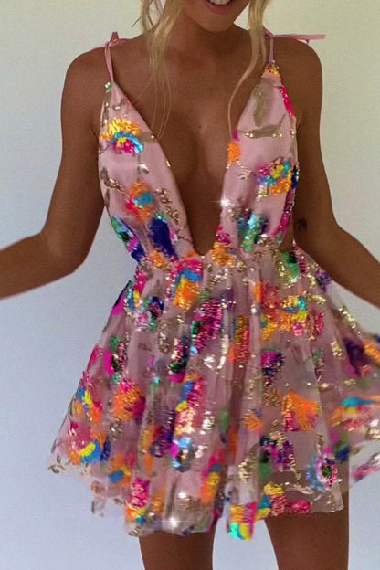 loveedsTM- Rainbow Sequin Open Back Slip Mini Dress