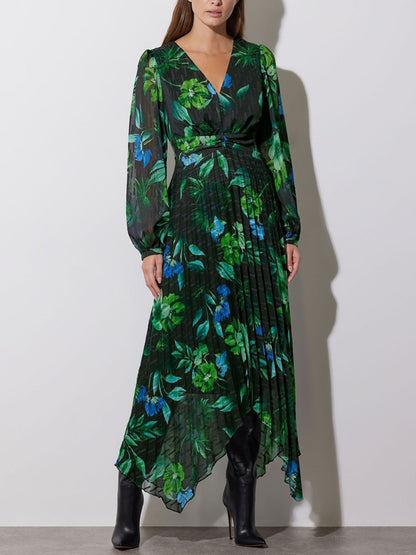 Green Pleated Floral Leaf Dress