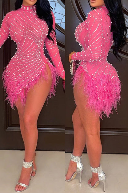 loveedsTM- Rhinestone & Beaded Decor Striking Tassel Irregular See-Through Mini Dress