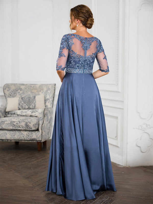 Round Neck Lace Solid Color Maxi Dress