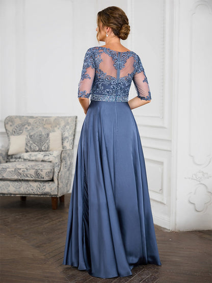 Round Neck Lace Solid Color Maxi Dress