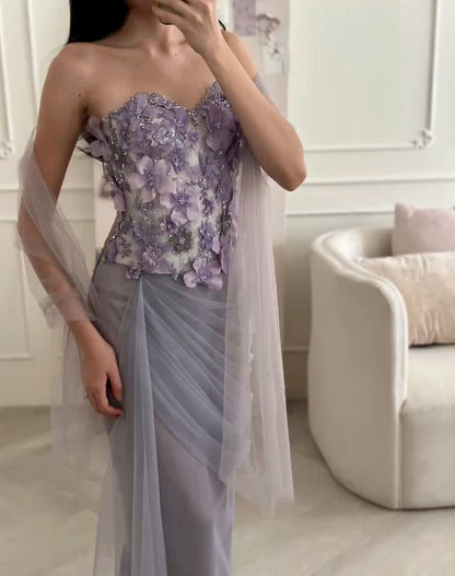Exquisite Purple Floral Sheath Sweetheart Neck Tulle Prom Dress Evening Dress Formal Dress SH3835