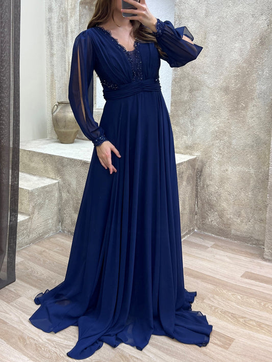 V-neck Long Sleeve Solid Color Maxi Dress