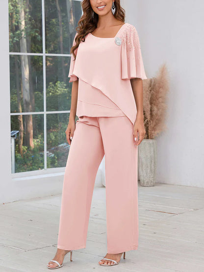 Trendy Half Sleeves Beaded Chiffon Mother of the Bride Jumpsuit/Pantsuit
