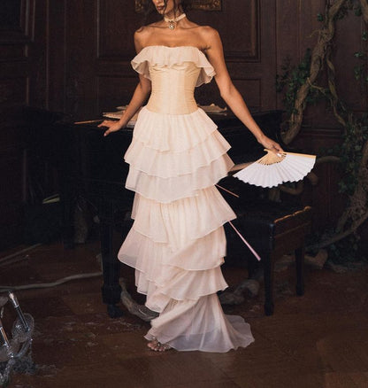 Unique Sheath Strapless Tiered Chiffon Satin Long Prom Dress Evening Dress SH2373