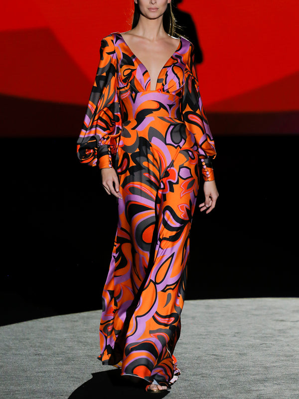 Abstract Floral Prints On Catwalk Women's Dress