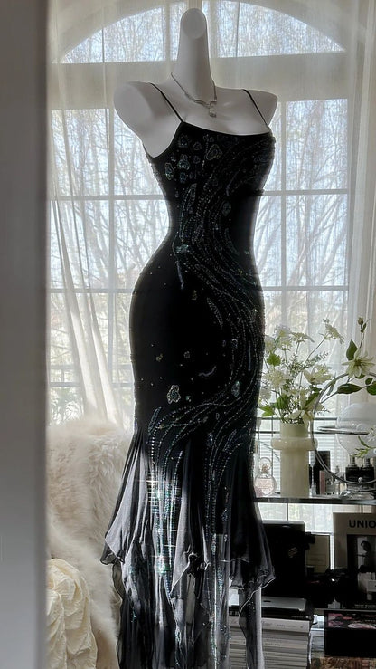 Charming Mermaid Spaghetti Strap Beaded Black Chiffon Prom Dress Evening Dress SH3364