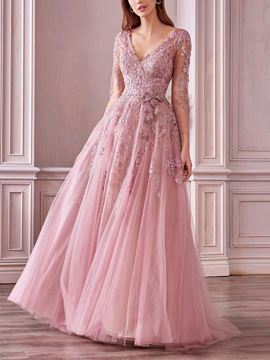 V-neck Mesh Lace Maxi Dress