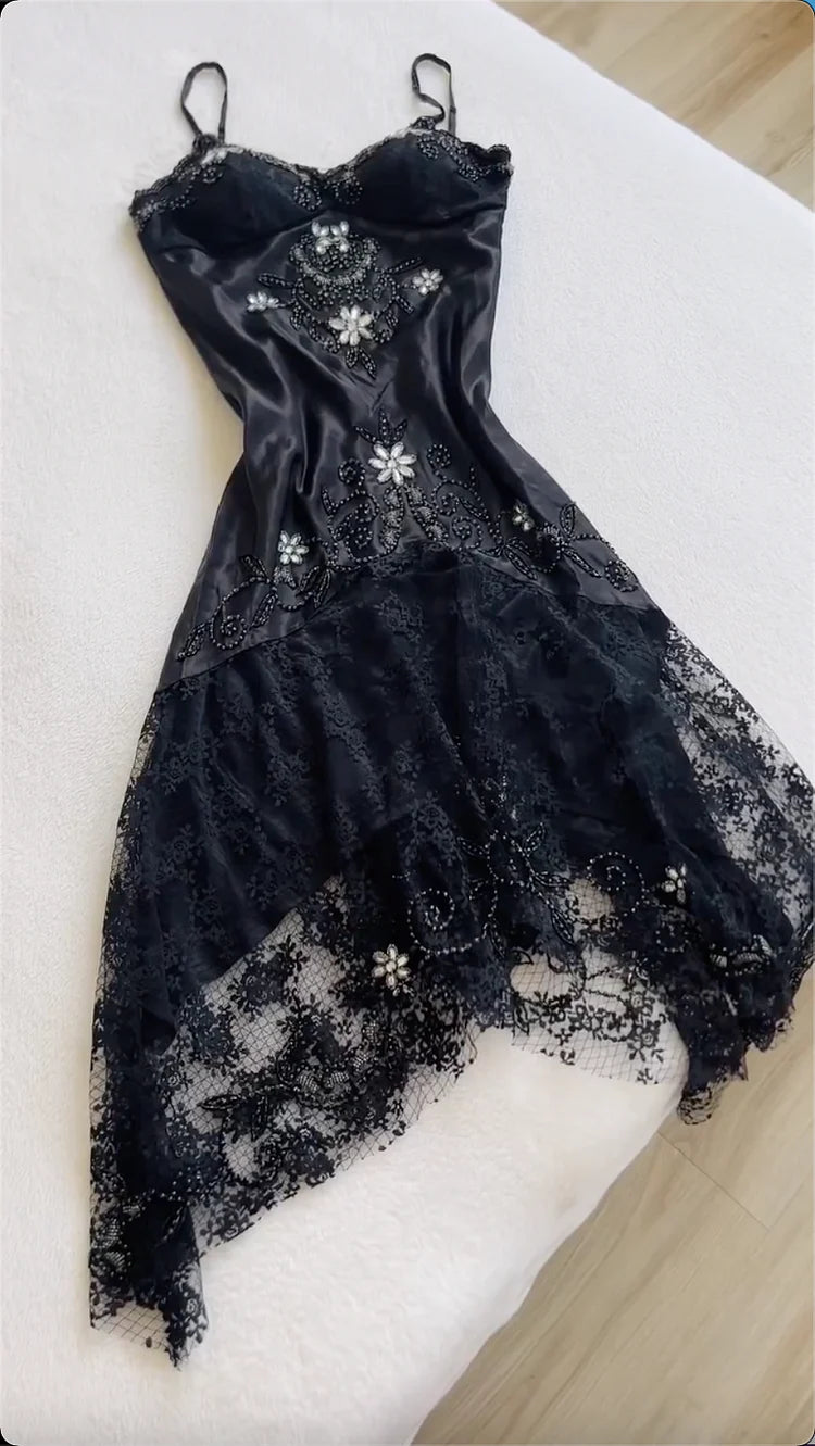 Black fashion vintage elegant exquisite floral beading spaghetti straps Long/Short satin lace princess ball gown evening dress party dress prom dress homecoming dress gh3705