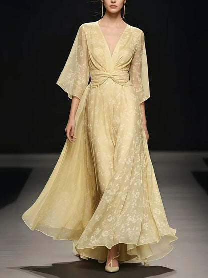 Fashionable Light Yellow Waisted Chiffon Maxi Skirt With Oversized Hem