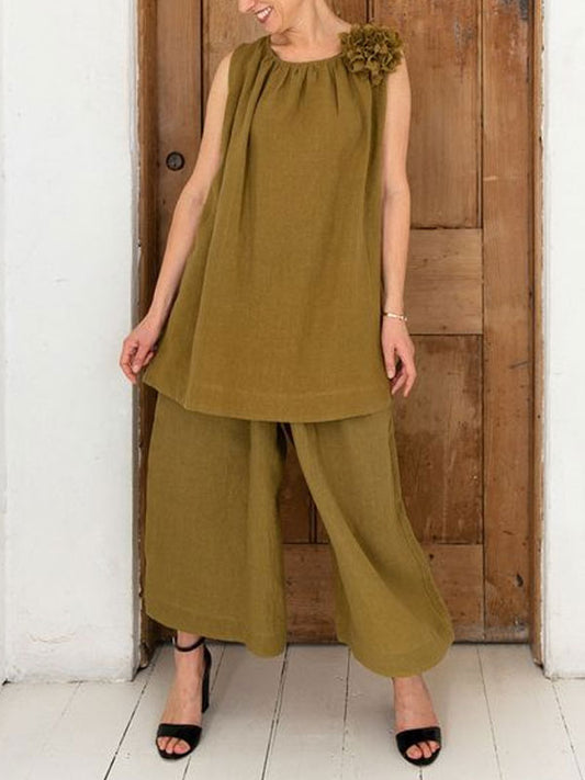 Pleated Cotton Linen Sleeveless Women's Suit