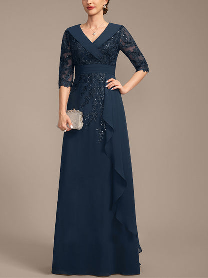 V-Neck Lace Sequins Maxi Dress