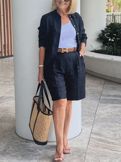 Casual Cotton Linen Shirt Shorts Women's Sets